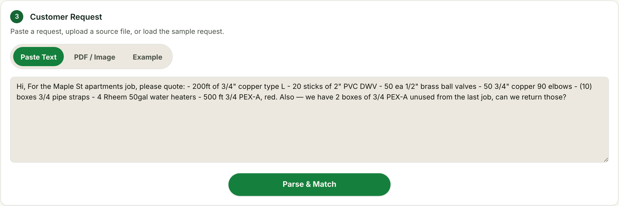 Quoting: a pasted customer request — copper pipe, PVC, brass ball valves — ready to match and price